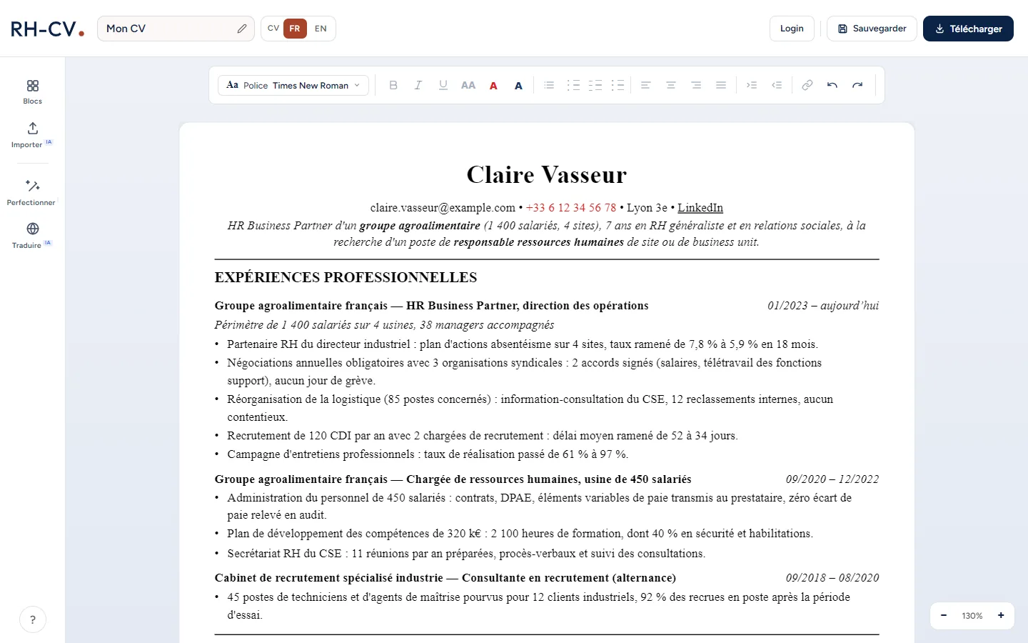 L'éditeur RH-CV : le CV d'une HR Business Partner se modifie directement sur la feuille